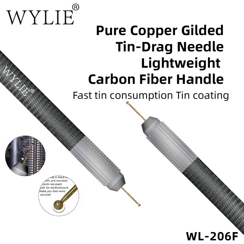 WYLIE WL-206F Gold Plated Copper Gilded Tin Drag Needle Soldering Iron Carbon Fiber Holder Set For Phone PCB IC Chip Repair