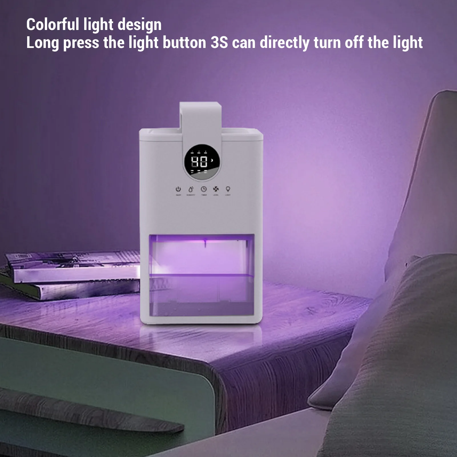 Desumidificador pequeno para casa, tanque de água de 1l, silencioso, umidade personalizável, 6h, 12h, 24h, temporizador, desligamento automático, luz noturna colorida para quarto