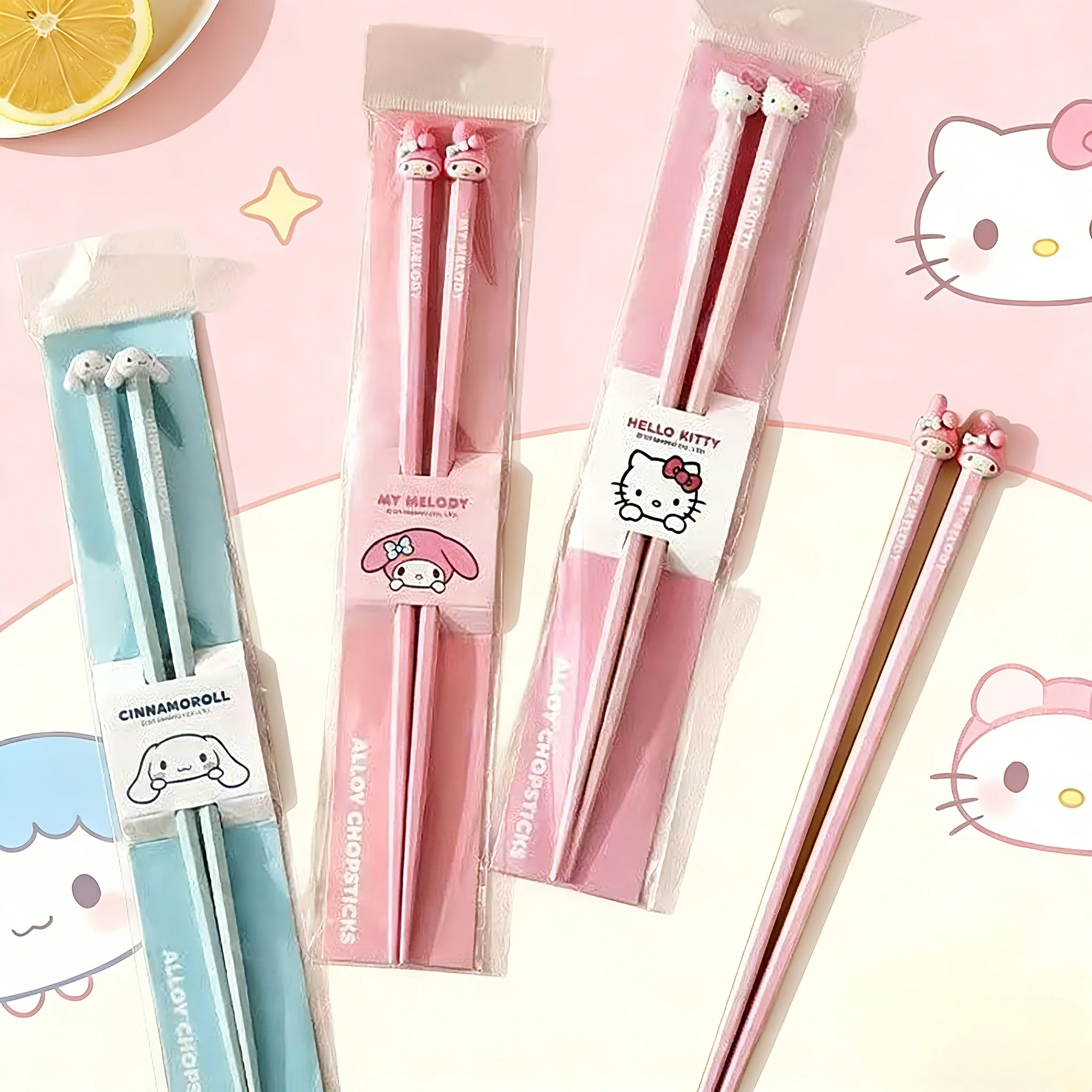 

Палочки для еды HelloKitty Melody Cinnamoroll из нержавеющей стали, нескользящие, парные, с мультяшным дизайном, набор для обеденного стола, детская посуда