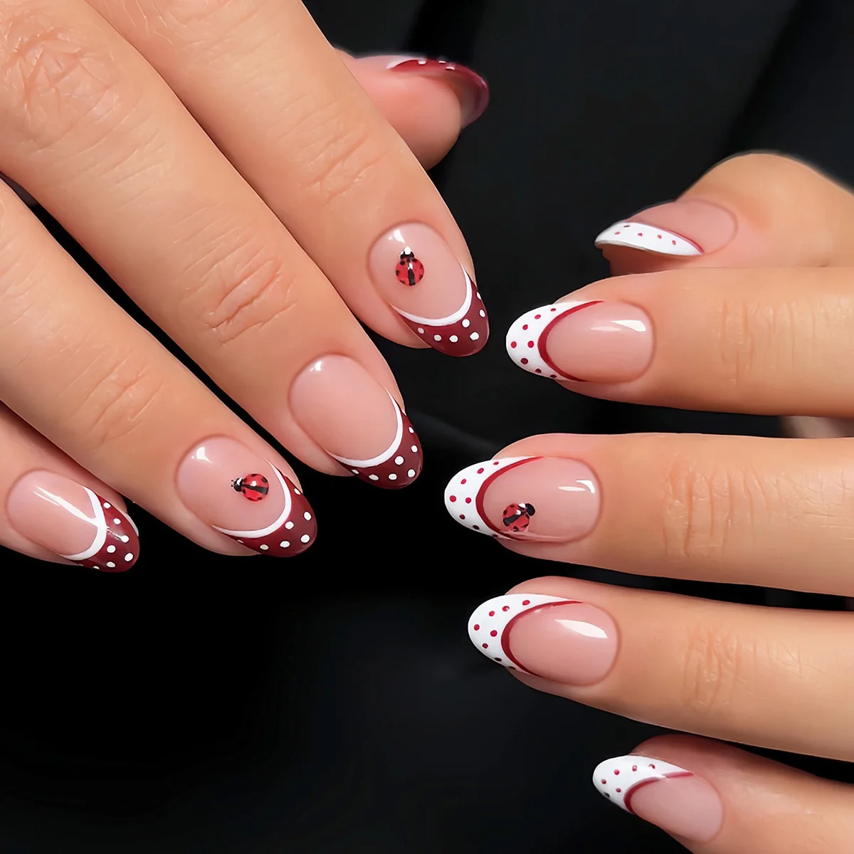 30 pieces of press on nails medium almond shaped nails,Red and white French polka dot fake nails,ladybug fake nails，Y2K nails，