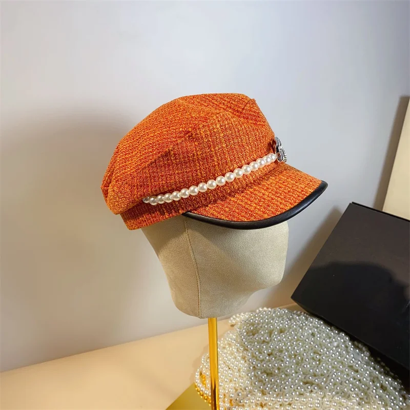 Spring and Autumn Women's Hat Pearl Rhinestone Button Colorful Navy Hat Fashion Show Face Small Flat Cotton Hemp Cap Artist Hat