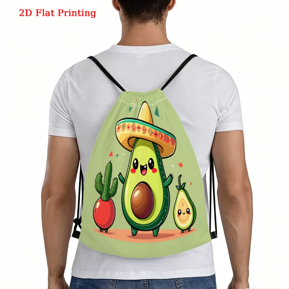 Cute Cartoon Style, Drawstring Backpack, 2D Flat Printing Avocado Cactus Pattern, Gym Sports Bag, Outdoor Travel Drawstring Bag