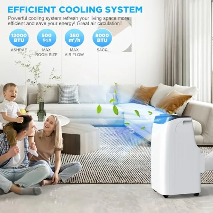 Portable air conditioner for home use, aluminum housing, white color, 12000 BTU cooling capacity with remote control, 3-in-1 fu
