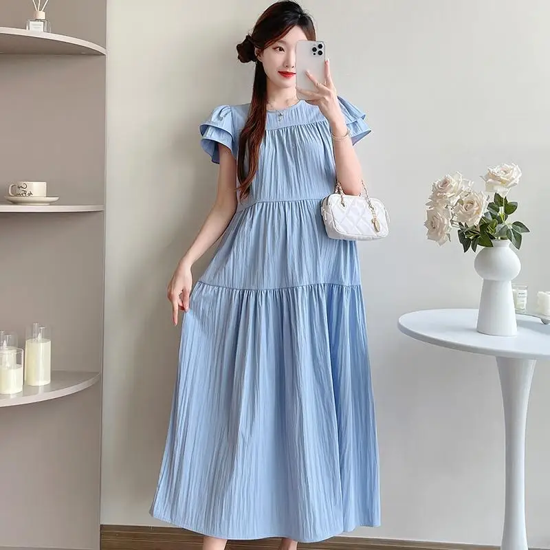 

Summer French Style Loose Maternity Dress Petal Sleeve Women's Mid Length Pregnant Woman Pleated Dress Long Loose Beach Dresses