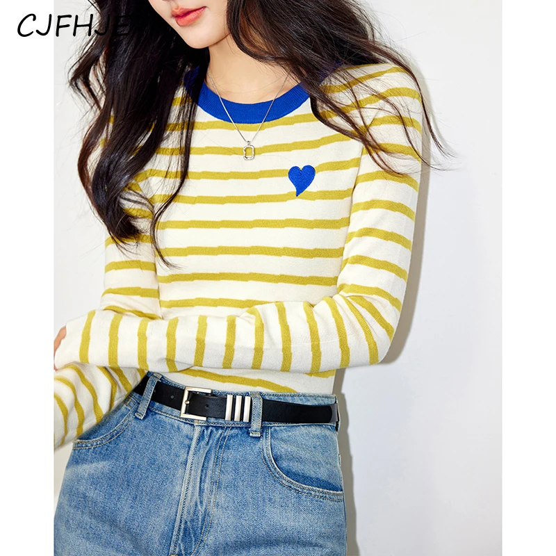 CJFHJE Spring Korean Fashion Slim Fit Women's Long Sleeved Knitwear Retro Classic Simple Striped Women Woolen Sweater Bottom Top