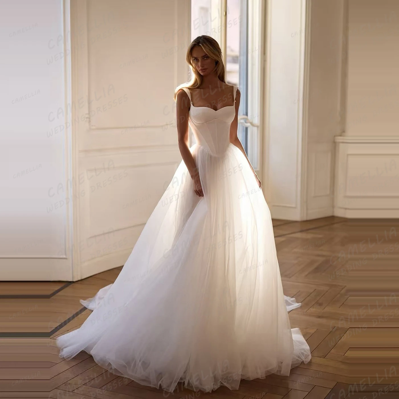 Simple Wedding Dresses Women's Sleeveless A Line Sweetheart Bridal Gowns Sexy Backless Fluffy Tulle Vestidos De Novia Customized