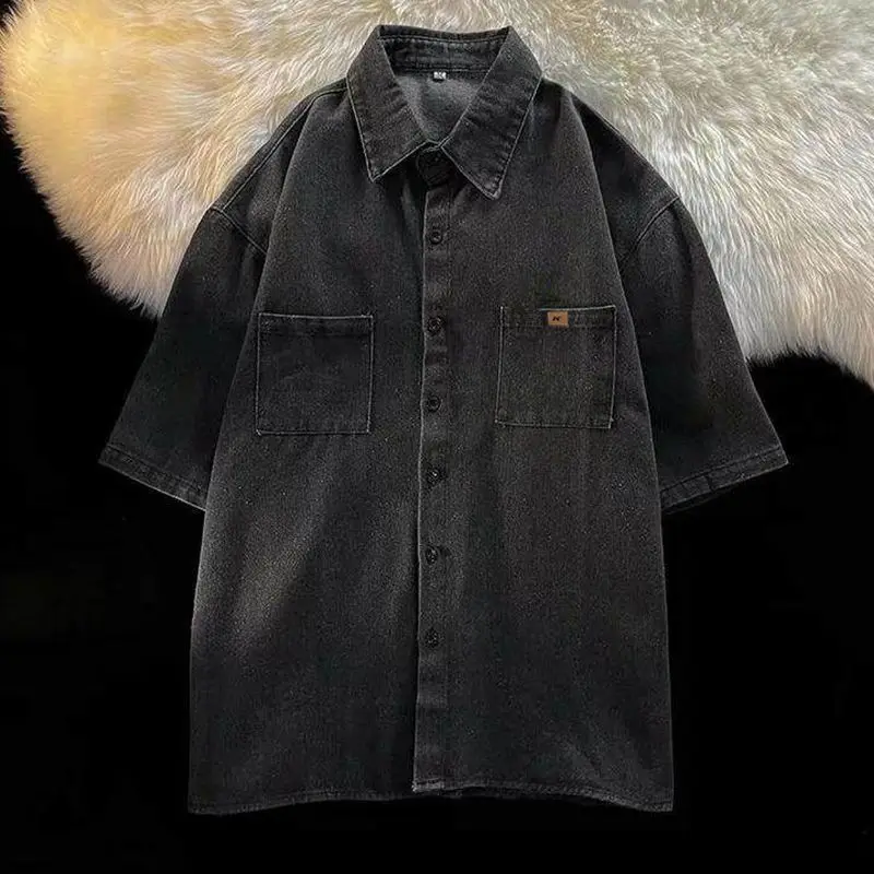 

Waed Denim irt Men's Summer Thin Sle Teenage Haome Jaet American Retro Large Size 300 Pou Casual Loose Fit irt