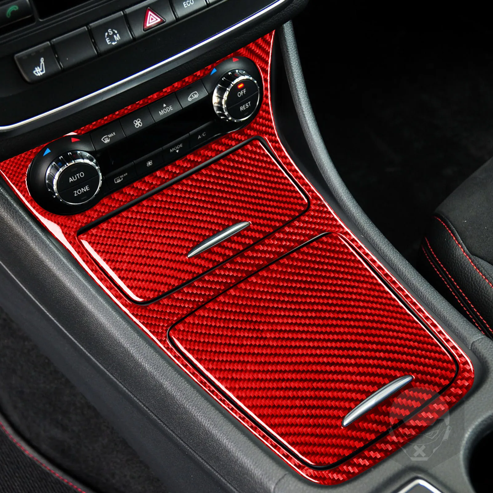 لبنز CLA C117 GLA X156 2014-2018 ألياف الكربون الحمراء مركز الملاحة راديو باب رفع لوحة اكسسوارات السيارات ملصق مزخرفة #5