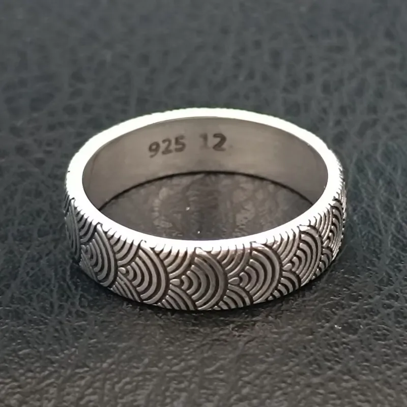 BOCAI New 100% S925 Silver Jewelry Beautiful Retro Turning Luck Seigaiha Wave Pattern Ring for Man and Woman DropShipping