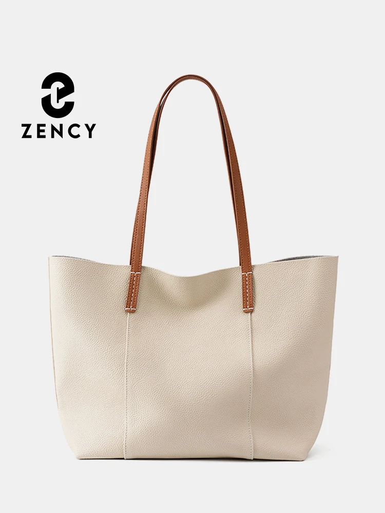 

Zency Women's Beige Tote Bag Genuine Leather Handbag Large Capacity Shopper Composite Bag Travel Big Pocket For Books Ipad Keys