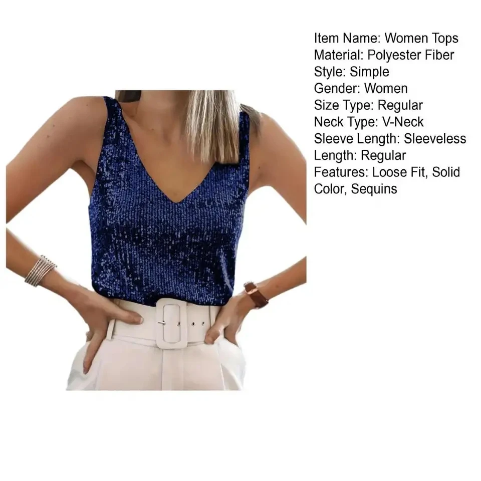 

Women Sequin Top V-Neck Sparkling Sleeveless Vest Summer Party Solid Color Tank Top Clothing Loose Fit Party Camisole Nightclub