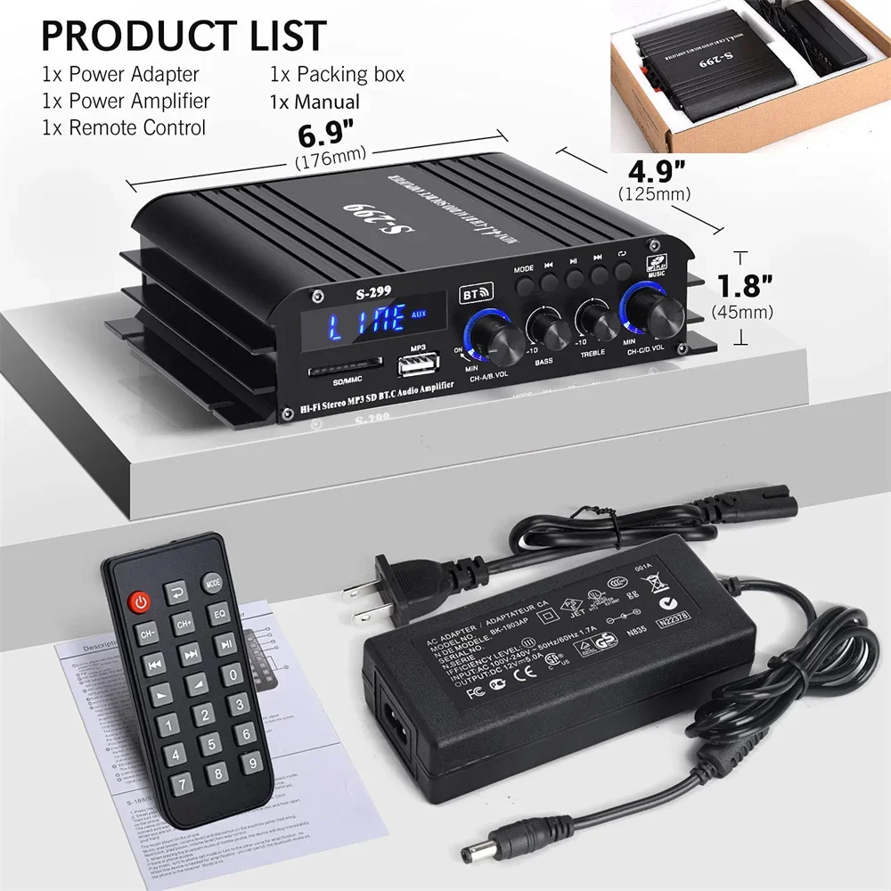Woopker S-299 Amplificatore di potenza digitale audio a 4.1 canali Bluetooth 5.0 Lettore di telecomando portatile per auto e casa a doppio uso 4 * 40 W