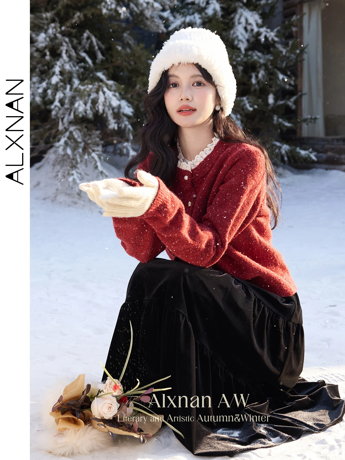 ALXNAN Red Cardigan Women's Spliced Lace Collar Chic Pearl Buttons Sweaters 2025 Autumn Winter Long Sleeve Warm Knitwear L52502