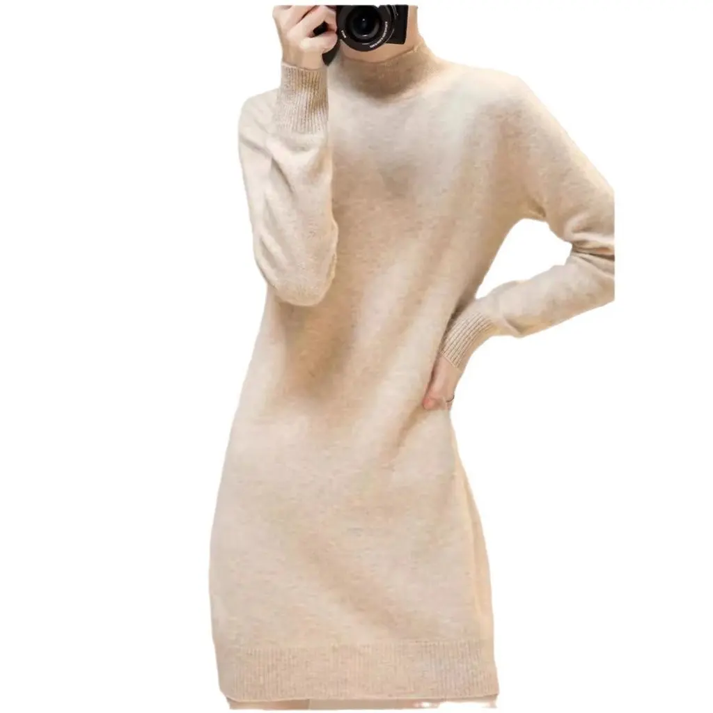 

Korean Style Semi-High Collar Mid-Length Slim Fit Sweater Base Layer Autumn Winter Sexy Dress Top for Women