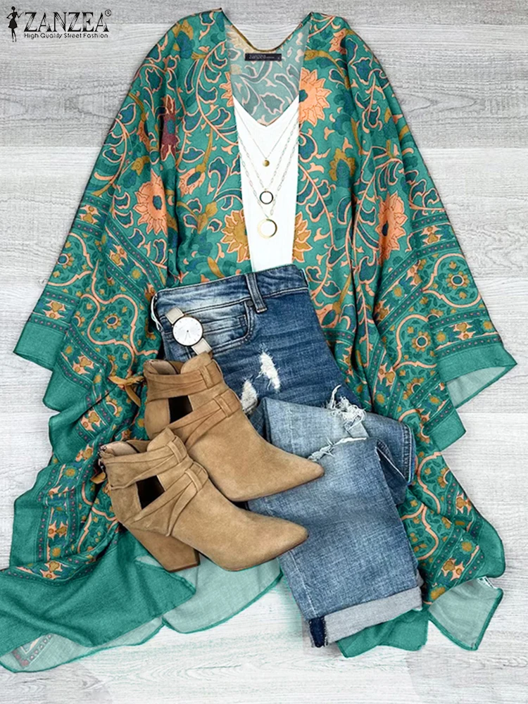 

ZANZEA V-Neck Woman Cardigan Tops Vacation Floral Print Day Wear Open-Front Top Bohemian 2025 Summer 3/4 Sleeve Vintage Cover-Up