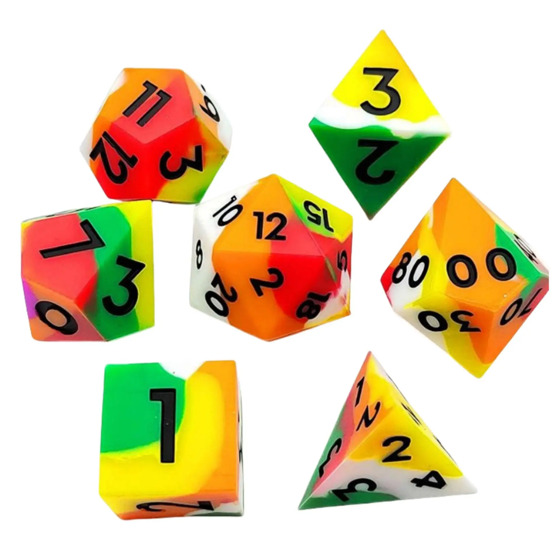 7pcs DND Red Green Orange Mixed Color Yellow Solid Silicone Dice Set Multi-sided Polyhedral Dice for D&D COC Role RPG Table Game