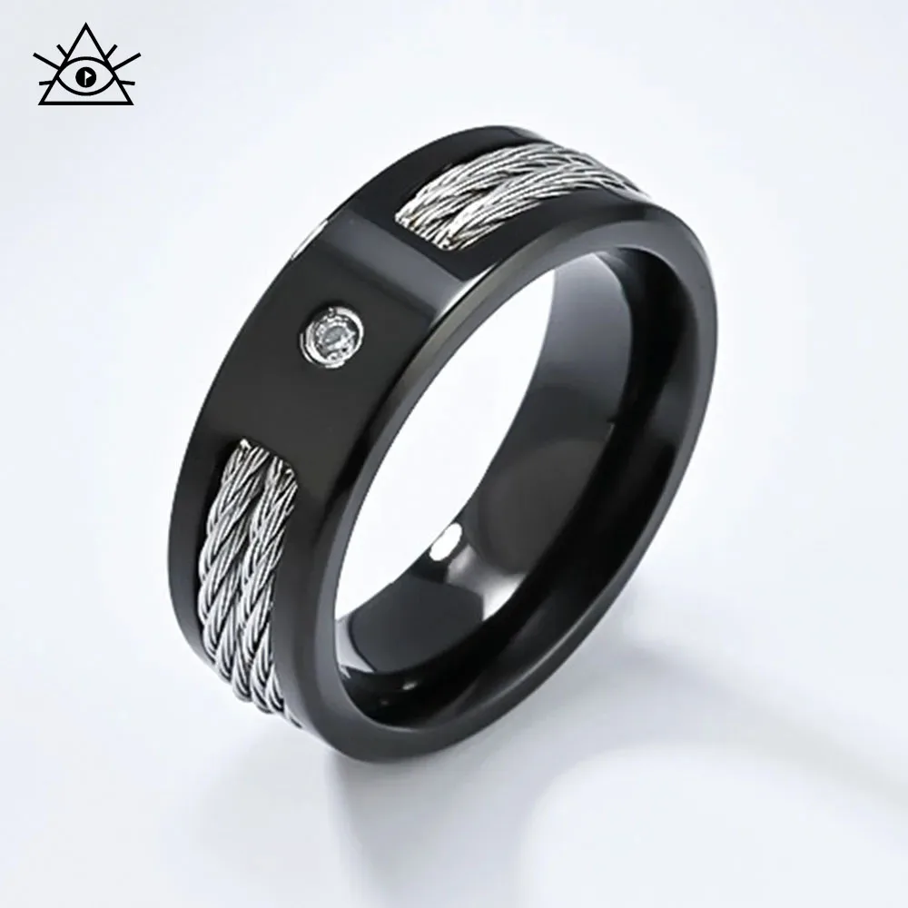 Anillo de acero inoxidable para hombre con doble cuerda de alambre de circón con incrustaciones de nido de lujo ligero personalizado joyería de mano