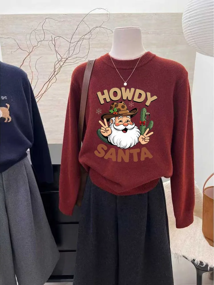Großer Strickpullover mit festlichem Aufdruck, lang, Sve Round Ne Damen Cisas S Claus, Cartoon-Design, weich, koreanisches Sle