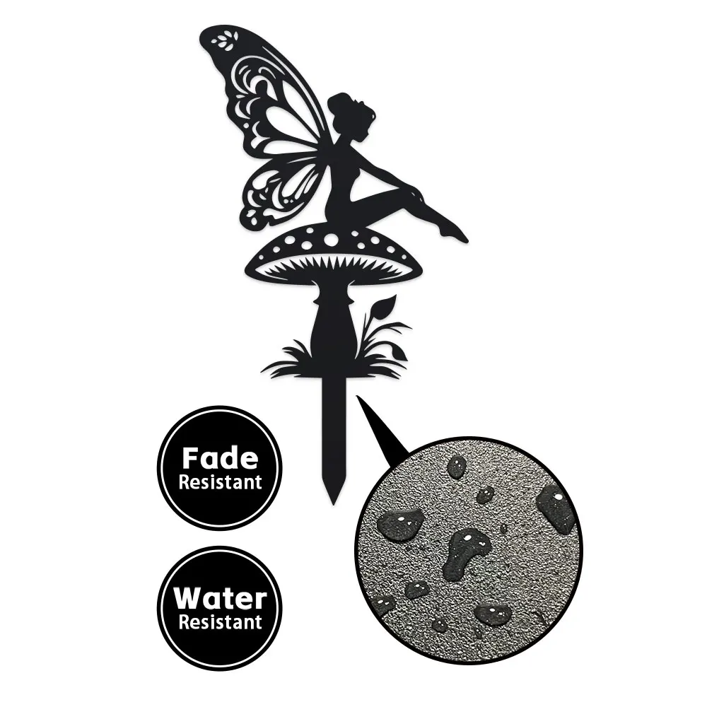 2D 1pc Art Deco Fairy on Mushroom Garden Stake, Metal Silhouette Decor, Floor Mount, Fairy Tale Theme, Flower Pot Decoration