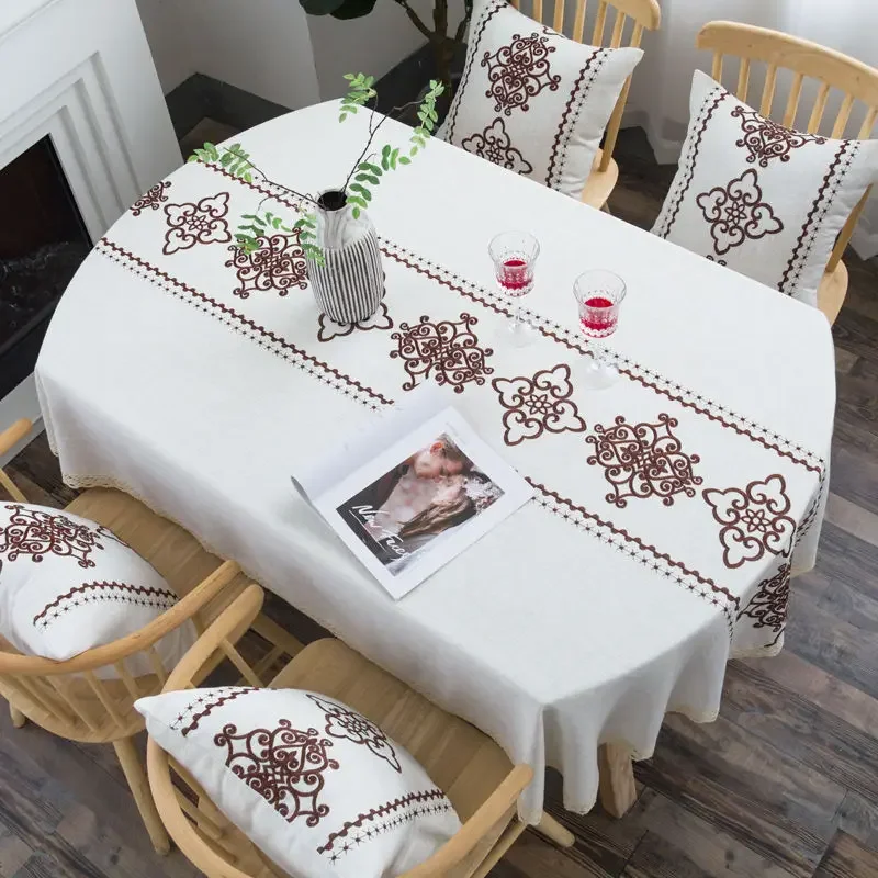 

White Linen Tablecloth with Floral Embroidery Classic Ellipse Table Cloth Rustic Farmhouse Elegant Table Cover Home Decor, 185cm