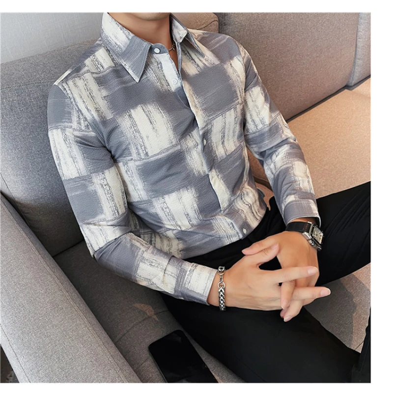 High Quality Summer Thin Long Sleeve Print Shirts For Men Clothing 2023 Business Casual Slim Fit Prom Tuxedo Blouse Homme White