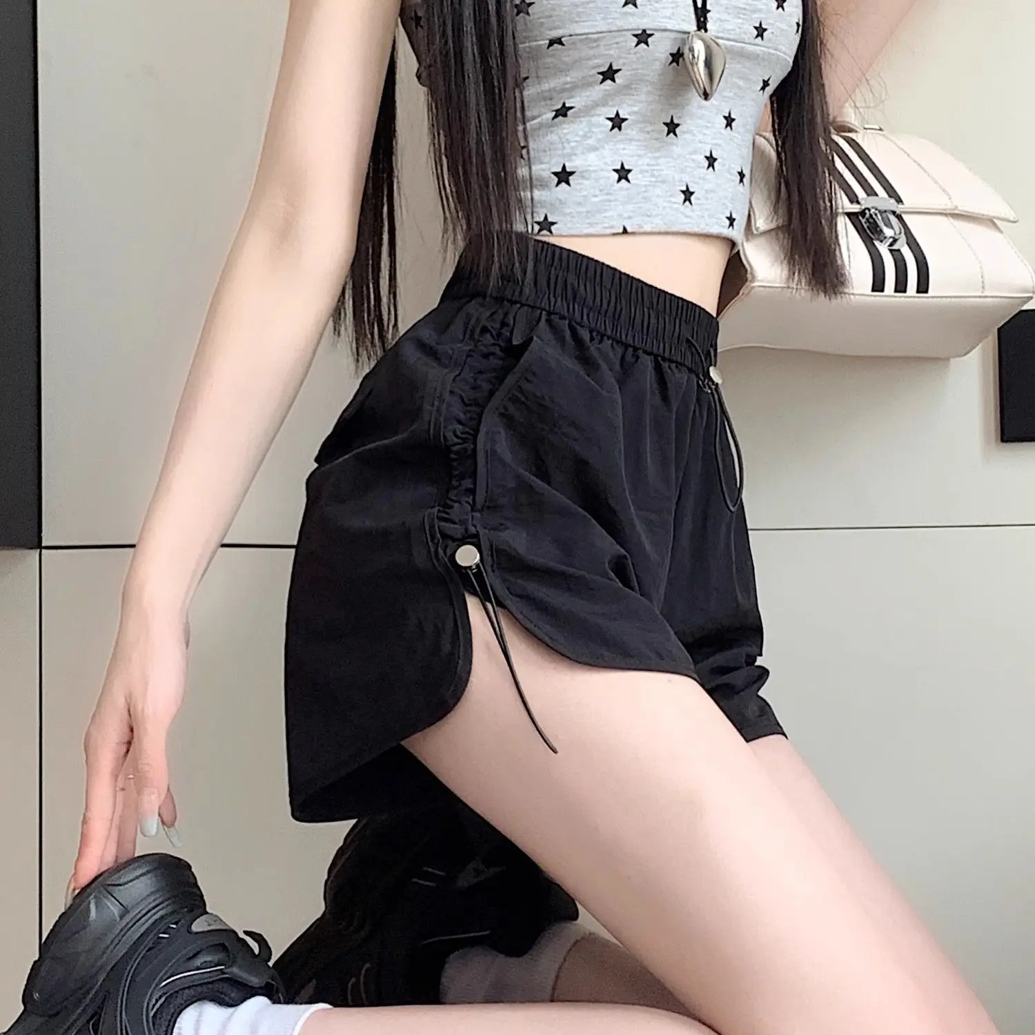 American Retro Drawstring Wide Leg Shorts Women Summer New High Waist Loose Casual Outdoor Wear Sexy Girl Workwear Pants