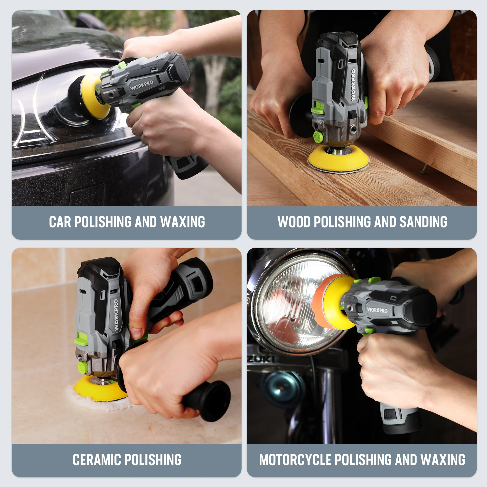 WORKPRO-12V 무선 미니 자동차 디테일링 폴리셔 스크래치 킬러, RO DA 기계 디테일링, 3 인치 패드 액세서리 2 배터리