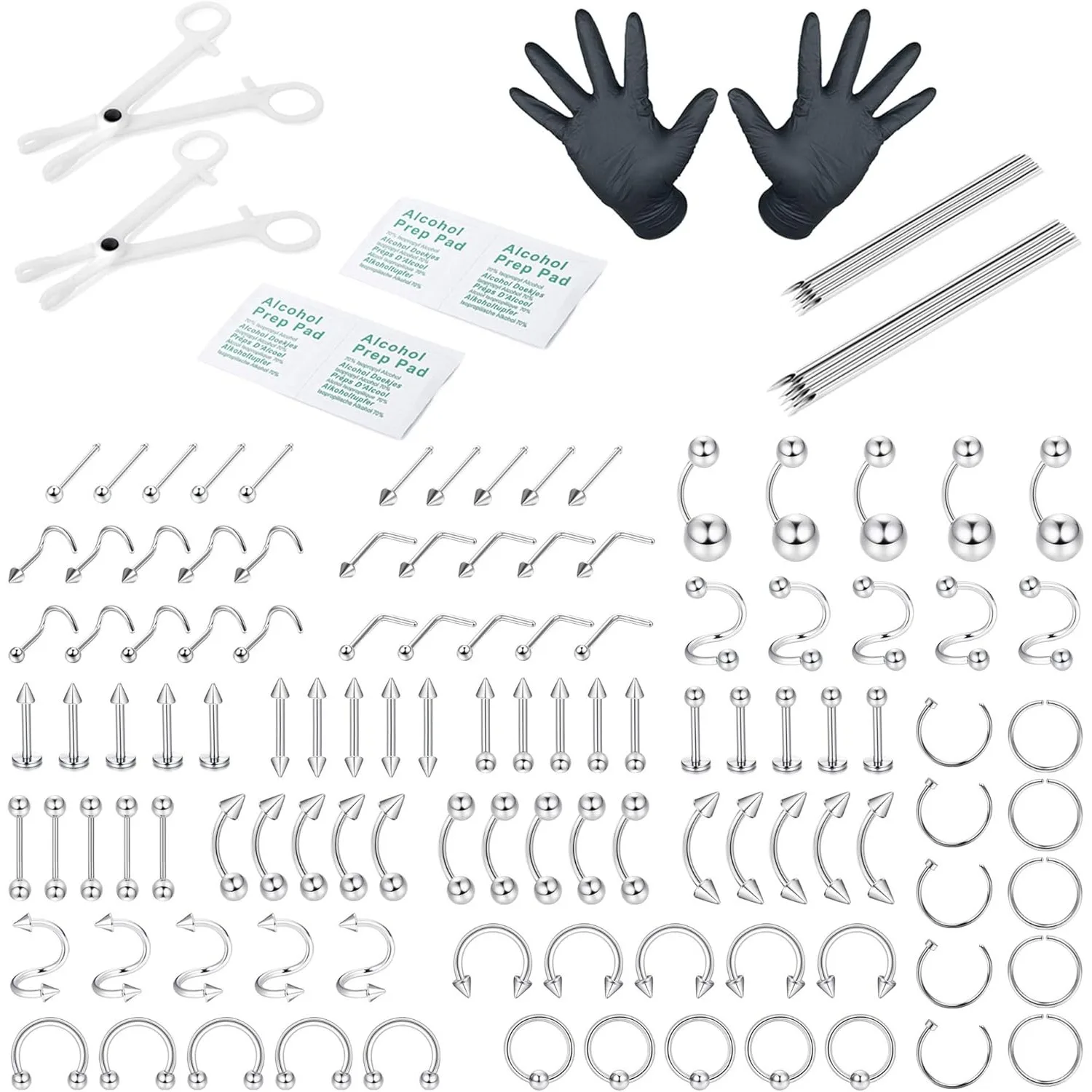 Bobisty 110-teiliges Körperpiercing-Set Edelstahl Nasen-, Zungen-, Tragus-, Knorpel-, Augenbrauen-, Lippen-, Bauchnabelringe Körperpiercing-Schmuck
