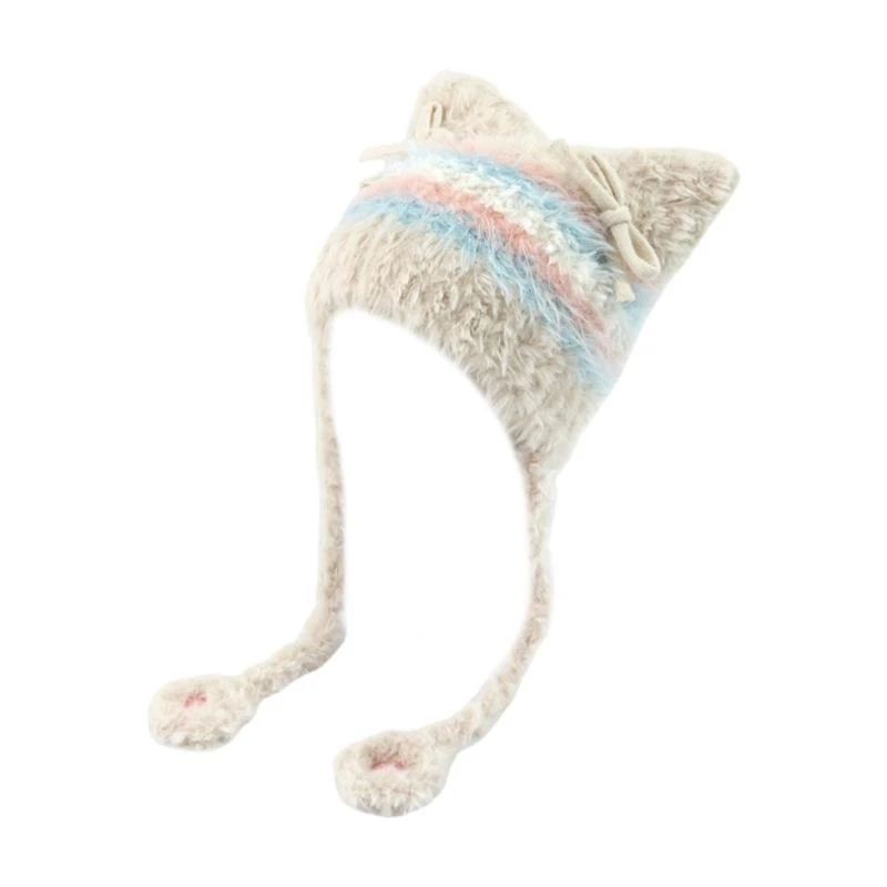 31BB Furry Knit Head Wrap Striped Kitten Ear Thicken Hood for Women Outdoor Wear