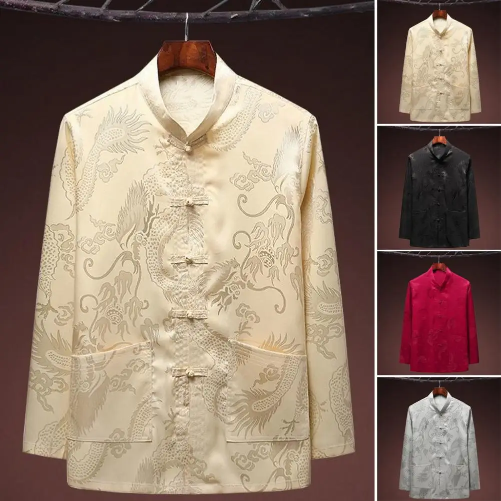 Men Chinese Style Top Traditional Chinese Style Men's Shirt with Stand Collar Dragon Pattern Loose Pockets Long Sleeve Mid-aged