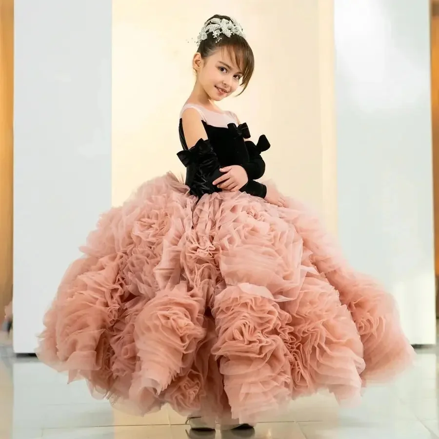 Elegant Velvet Flower Girl Dress for Wedding Puffy Black And Pink Kids Birthday Party First Communion Ball Gowns Custom
