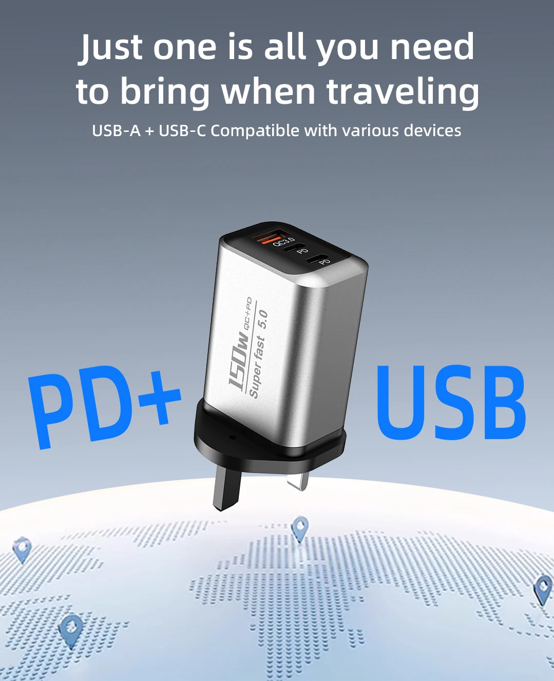 150W Schnellladegerät 3-Port 2PD QC3.0 USB Typ C Netzteil Reise-Ladeblock für iPhone Samsung Xiaomi EU/UK/US-Stecker – Detail 6