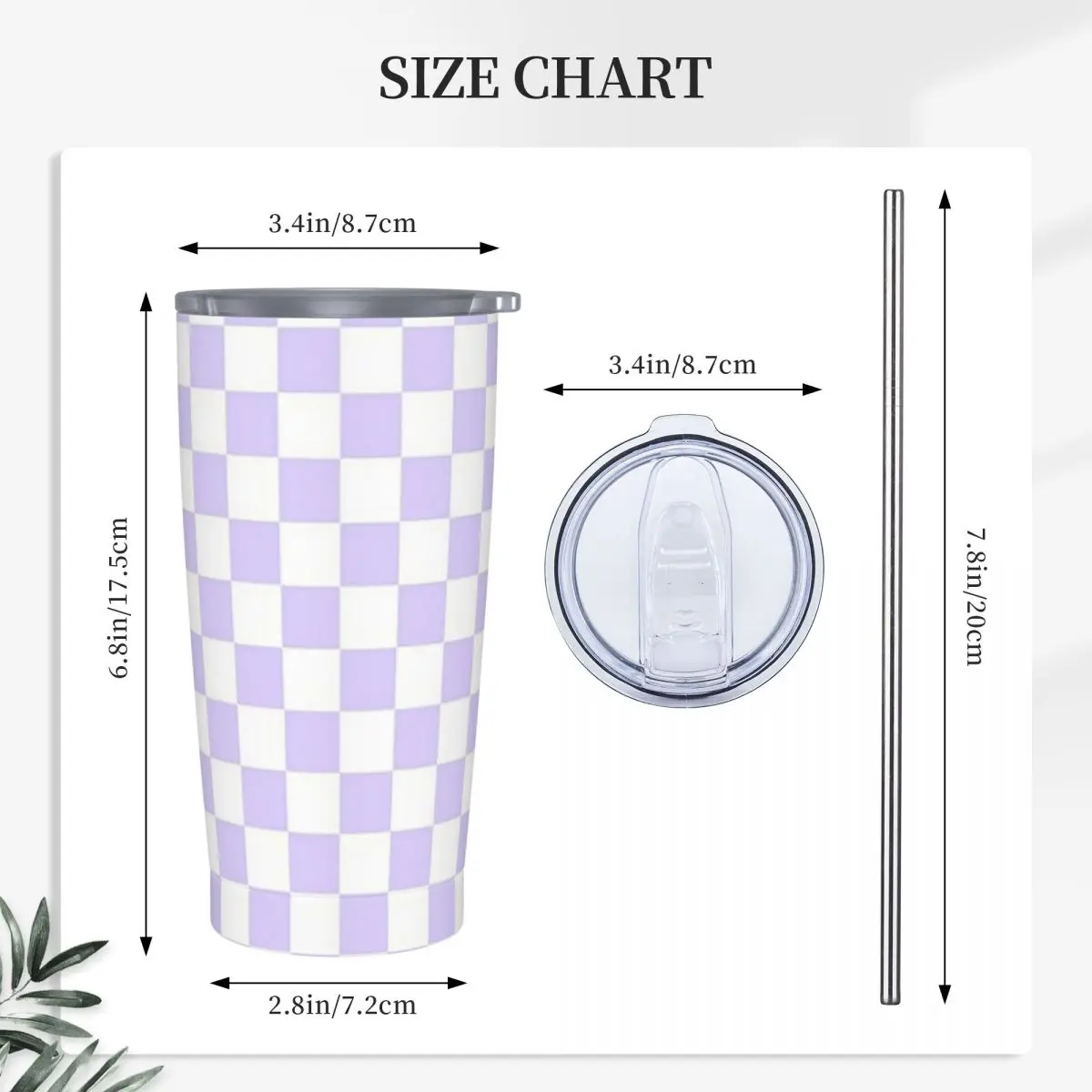 White And Pale Lavender Violet Checkerboard Stainless Steel Tumbler Vacuum Insulated Mugs Thermal Cold Bottle Straws With Lid