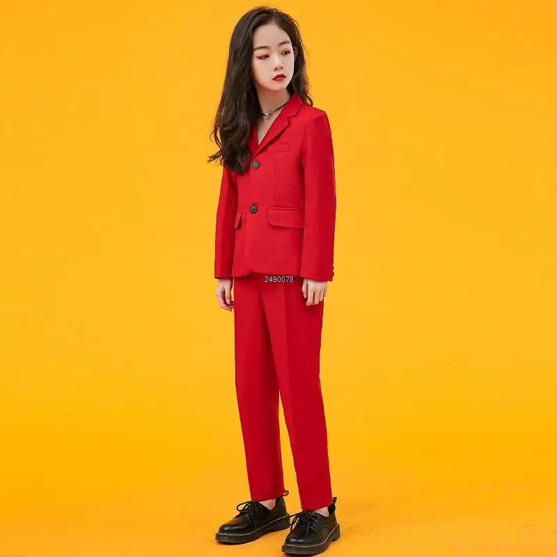 Girls Luxurious Red Photograph Suit Kids Wedding Party Dress Teenager School Performance Suit Children Piano Dance Show Costume