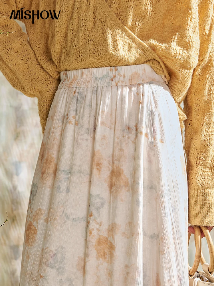 MISHOW falda Floral con pintura de lavado de tinta para mujer Primavera Verano 2024 faldas elegantes de cintura elástica con dobladillo con volantes