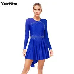 Womens Gymnastics Artistic Figure Skating Dance Costume Glittery Rhinestones Sheer Mesh Long Sleeve Ballet Lyrical Dance Dresses