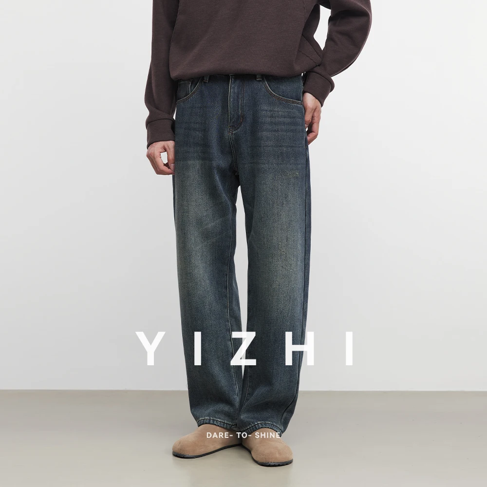 

Men's Fashion Fleece-Lined Washed Straight-Leg Jeans 2025 Autumn Winter New Vintage Distressed Warm Casual Pants