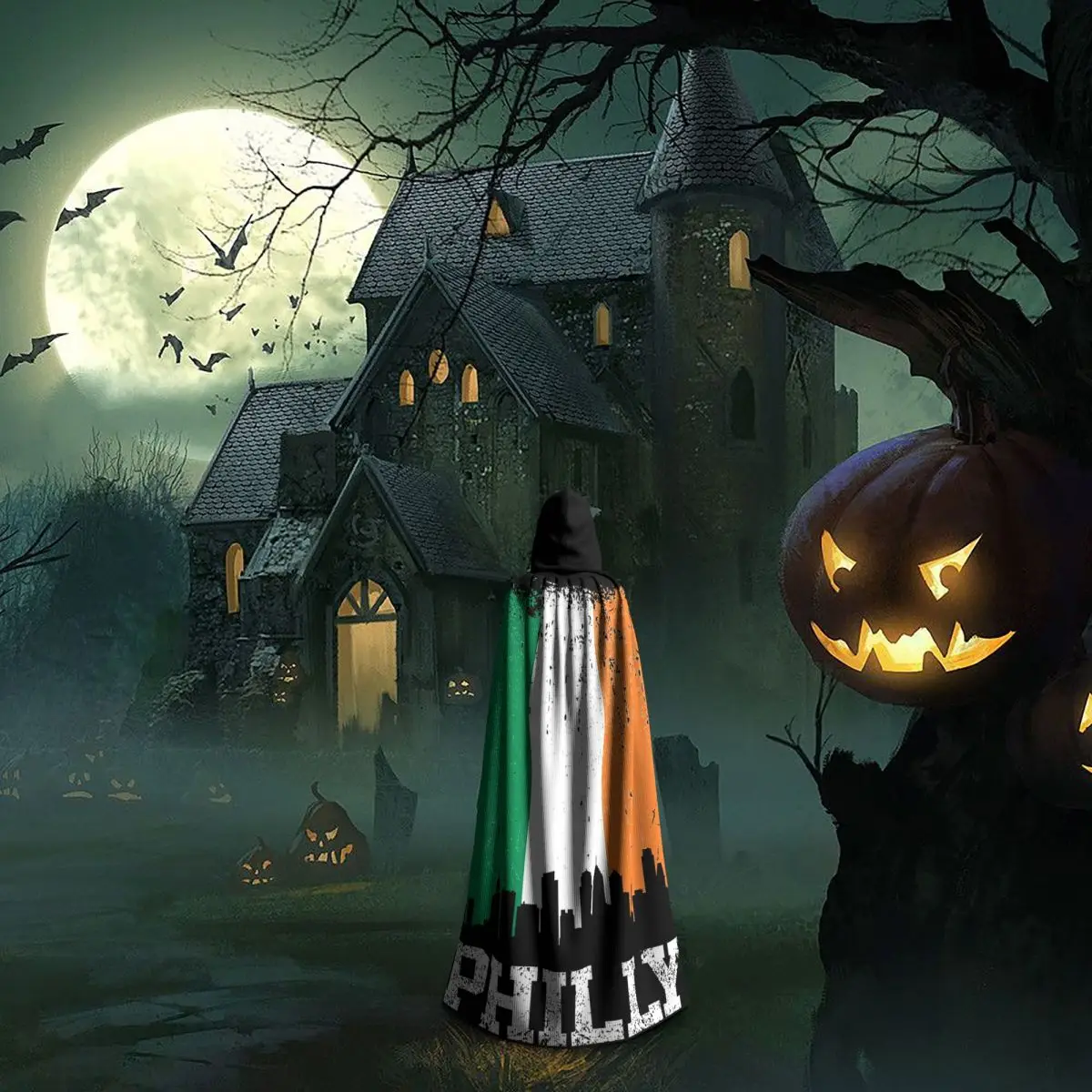 빈티지 필라델피아 아일랜드 국기 필리 스카이라인 프라이드 긴 후드 망토 마녀 중세 의상 코스프레 케이프 할로윈 파티