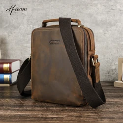 Contacts genuine crazy horse leather vintage men crossbody bag zipper messenger bags for men luxury male handbag shoulder bag