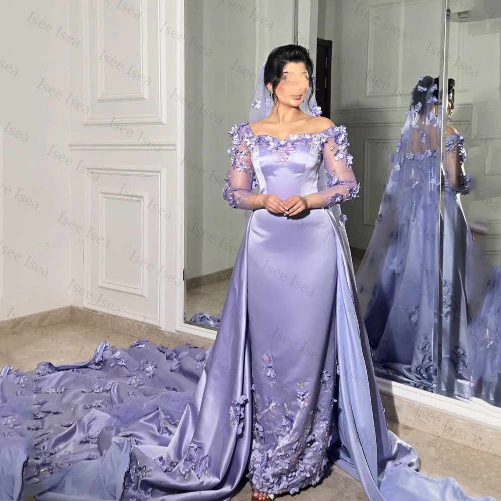 

Customized Lavender Mermaid Dubai Luxury Evening Dress 2026 Elegant Prom Gowns Flowers 3/4 Sleeve Sweep Train Satin Customized