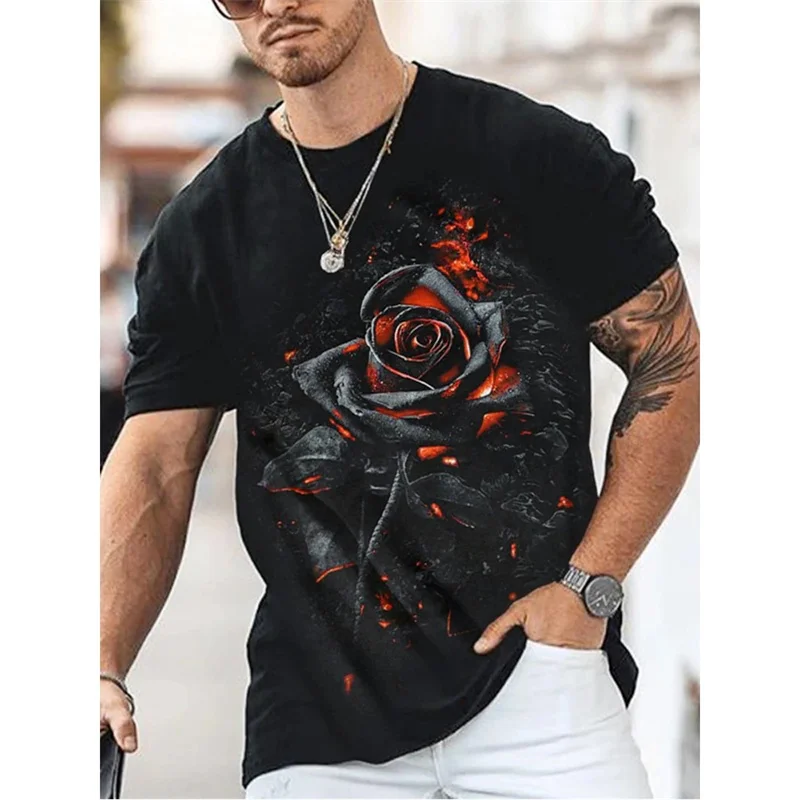 

Summer Men's T Shirt 3D Flower Print Short-sleeved Tops Fashion Rose Social Graphic T-shirts Oversized Men Clothing Streetwear