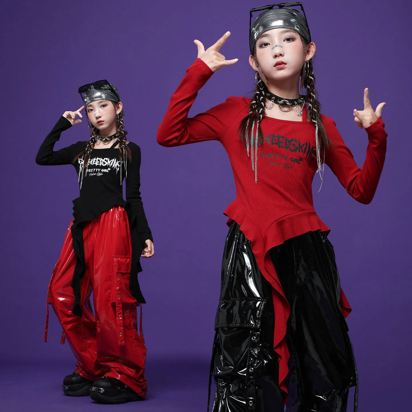 Kind Kpop Hip Hop Kleidung Rot Rüschen Strap Saum T Shirt Schwarz Straße PU Leder Niet Cargo Hosen für Mädchen Tanz Kostüm Kleidung