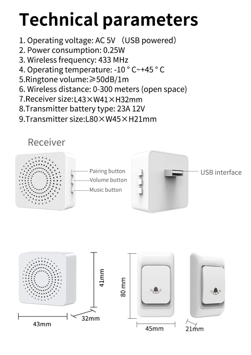 433 Doorbell Wireless Home Intelligent Remote Control Doorbell USB Powered Elderly Call Reminder Home Welcome Doorbell