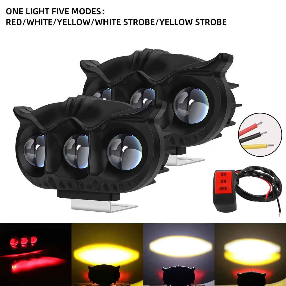 1pcs Motorcycle Headlight LED Spot Light Owl Shape 3 Light 5 Modes Three Colors Strobe Fog Light Motorbike Running Lamp