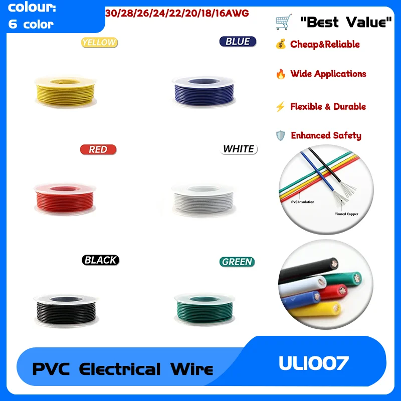 

DIY LED Lamp Line Kit UL1007 30/28/26/24/22/20/18/16AWG Electric Wire In Roll PVC Insulated Tinned Copper Cable Lighting 300V