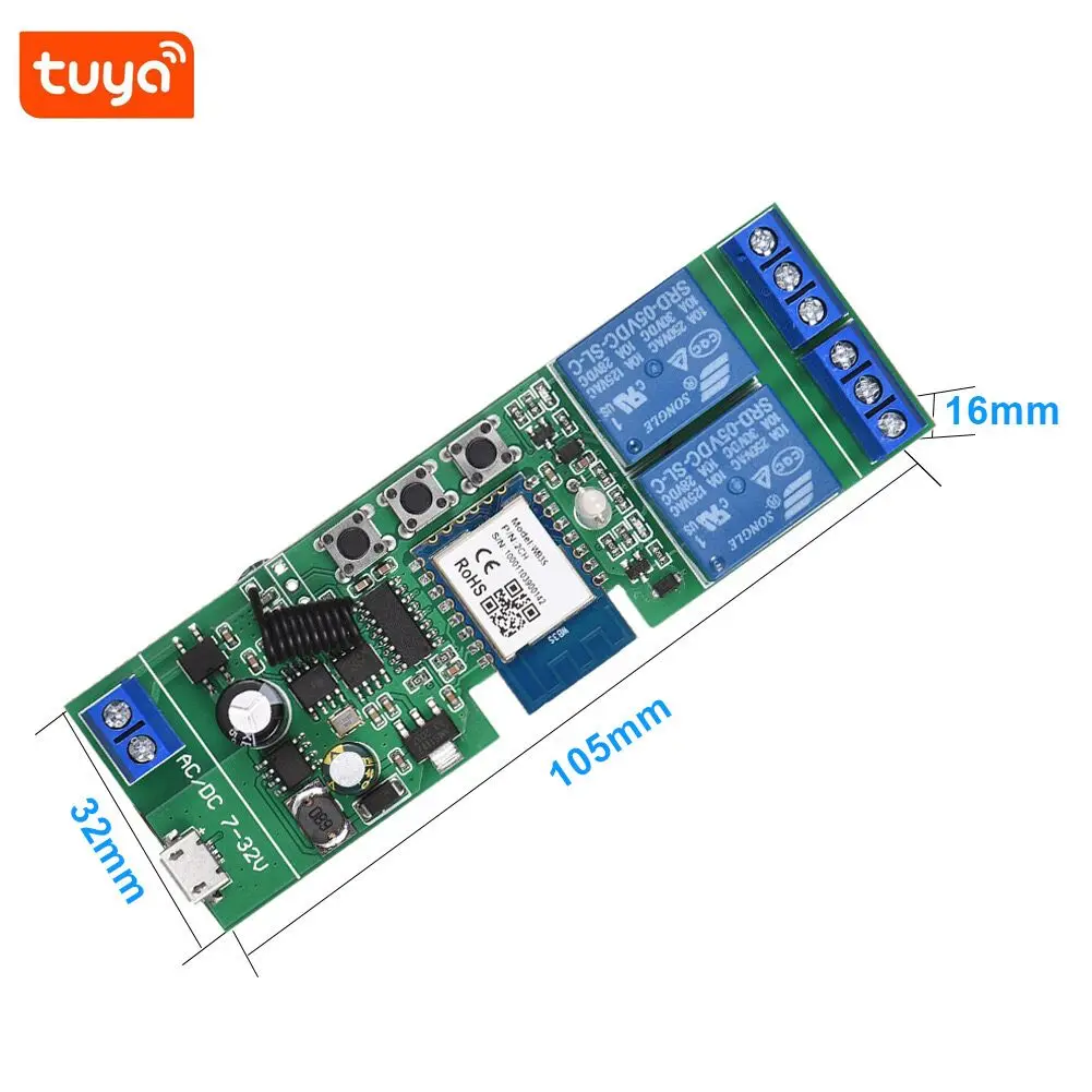 Tuya RF 433mhz WIFI Switch Module AC/DC 7-32V 2 Channel Wireless Relay Smart Life APP Remote Control Alexa Googole Home