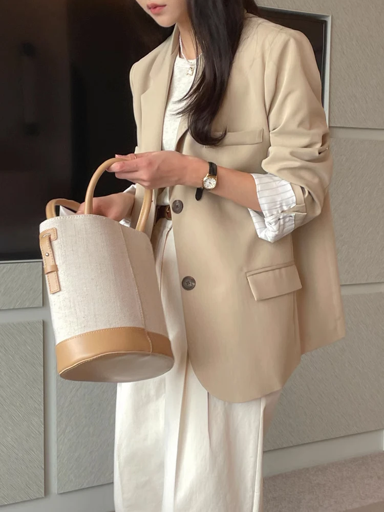 

Bla Loose Fit Women's Suit Jaet Retro Lapel Single Button Faionable Top Outerwear Commute Sle Long Sve Pure Color
