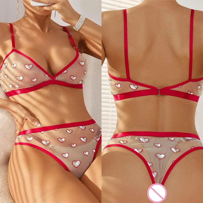 

Erotic lingerie Bra Set Love Mesh Thin Perspective Cute Two Piece Set erotic lingerie woman Woman clothing one pieces nightclub