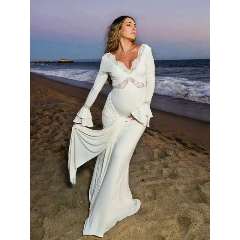 Maternity Dress Photoshoot White Lace Deep V Long Sleeve Pregnancy Gown Flare Sleeve Maternity Photography Outfit Beach Dress