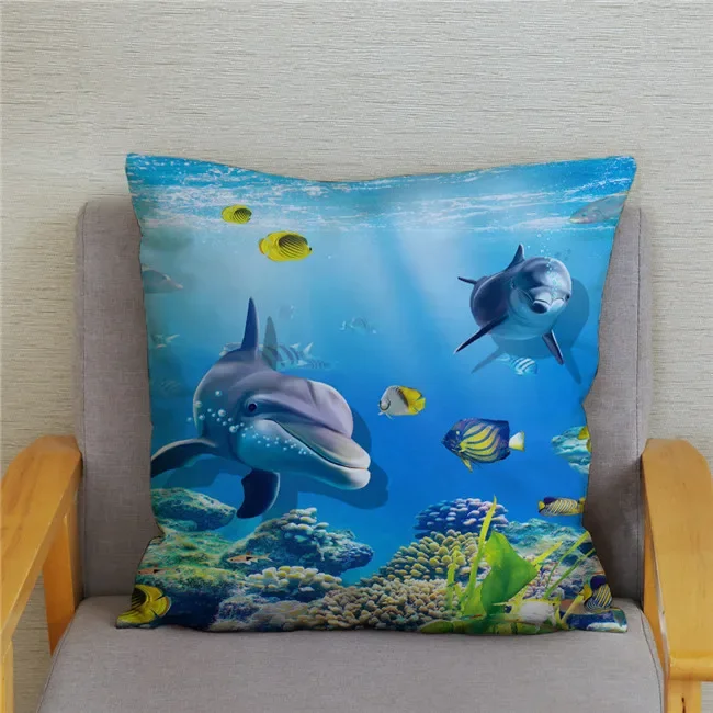 Cushion Cover Ocean Dolphin Pattern Underwater World Print Pillow Kids Sofa Home Decor
